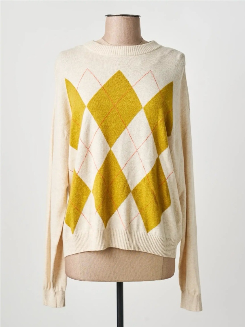 Yerse Cashmere Blend Cream Crewneck Sweater with Mustard Argyle Detail